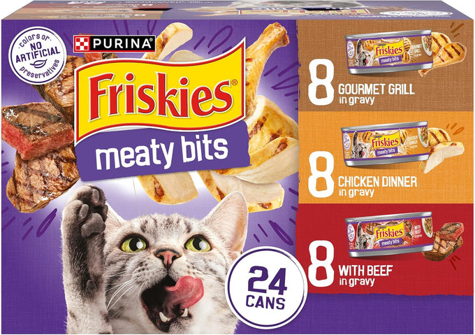 Purina Friskies Gravy Wet Cat Food Variety Pack, Meaty Bits, 24-pack, 5.5 oz cans