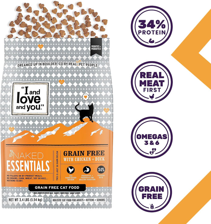 I and love and you Naked Essentials Dry Cat Food - Chicken + Duck - Grain Free, Real Meat, No Fillers, Prebiotics + Probiotics, 3.4lb Bag