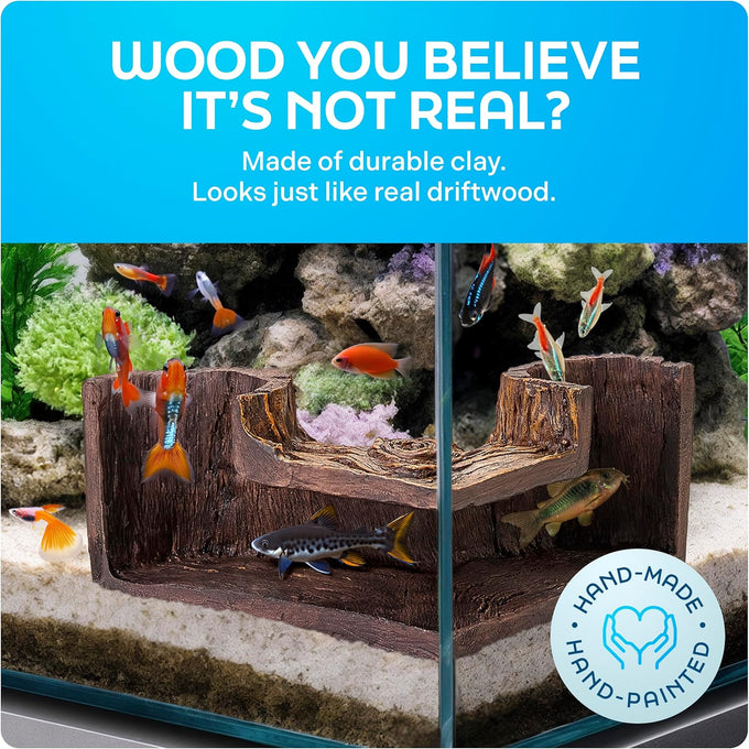 Fishnosh Aquarium Cave | BPA-free wood-like fish tank hideout for corners, 5.1" x 2" x 2.7"