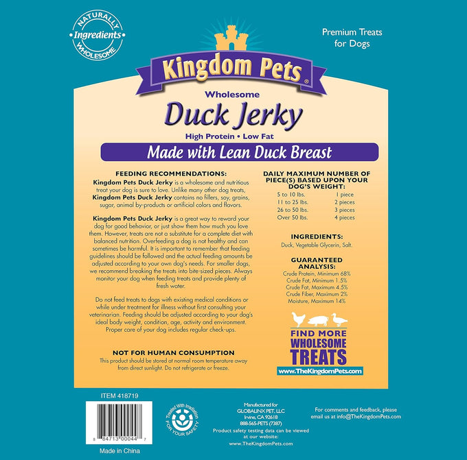 Duck jerky dog treats with only 3 natural ingredients, no fillers, 2.5 pound bag, grain-free and low-fat