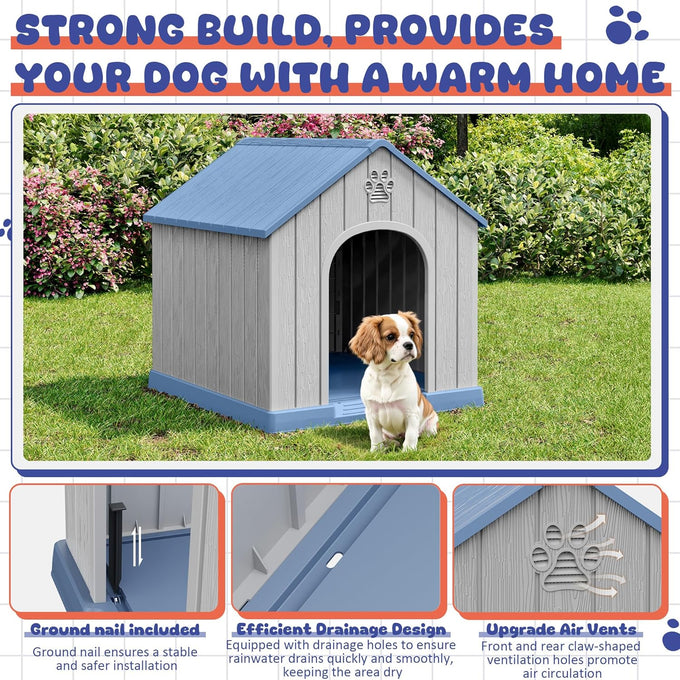 Bifanuo plastic dog house for small to medium dogs, weatherproof design, air vents, elevated floor, easy clean and assemble in blue, 26.18'' L x 24.03'' W x 25.98'' H