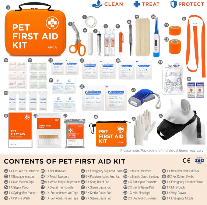 Arca Pet dog & cat first aid kit, vet-endorsed travel essentials with digital thermometer, muzzle, & mini first aid pouch