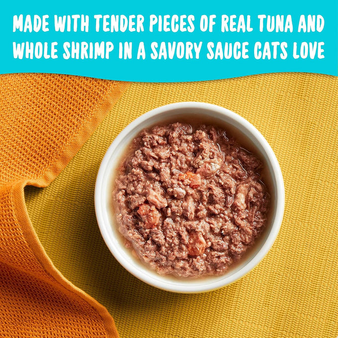 Meow Mix Tenders in Sauce tuna & shrimp 2.75 oz wet cat food, 12-pack cups with peel-off lids