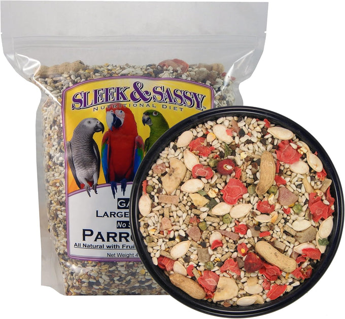 SLEEK & SASSY large parrot food for conures, amazons, african greys, cockatoos, pionus, and small macaws, all natural, human grade, 2 lbs.