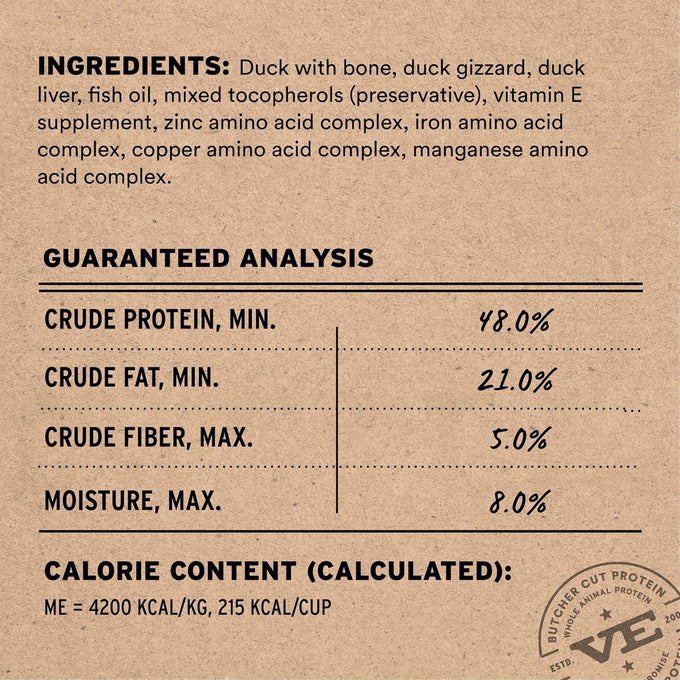 vital essentials raw duck crunchy mini nibs 96% duck organs & bone complete meal or topper