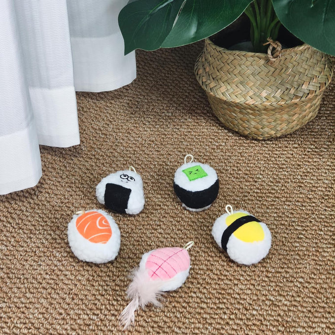 5pcs cute sushi plush catnip toys with bell and feathers for indoor cat boredom relief
