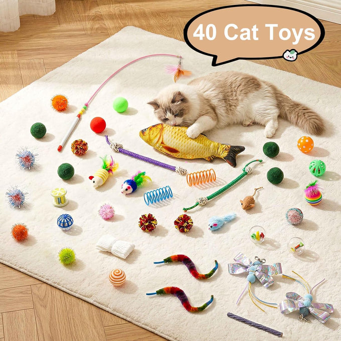 Cat tunnel bed with 40 interactive toys, collapsible play tunnel for indoor kittens, white