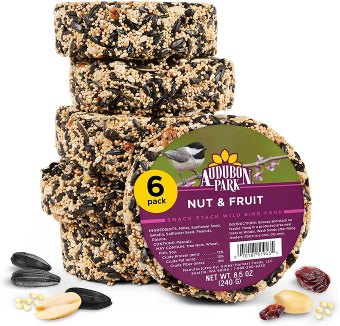 audubon park nut & fruit snack stack bird food, 6-pack, individual seed cakes for backyard birders