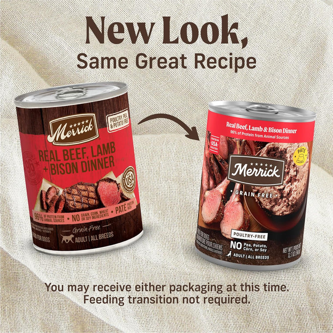 Merrick grain-free premium dog food, soft and healthy poultry-free wet recipe with real beef, lamb, and bison, 12.7 oz cans