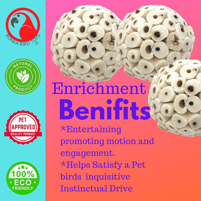 Bonka Bird Toys 1214 Pk3 all-natural sola atta balls 3-pack 2" diameter chew toys for parrots parakeets cockatiels safe and small pets