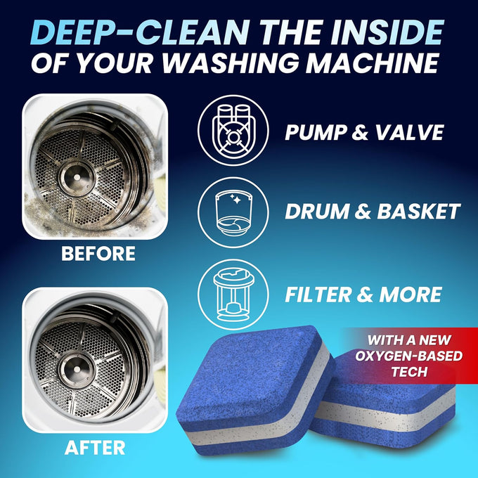 Washing machine cleaner tablets - pet hair removal, odor elimination, septic tank safe, HE compatible