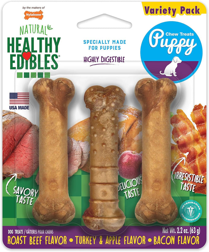Nylabone Healthy Edibles Roast Beef, Apple & Bacon Flavor Puppy Chews X-Small 3 Count