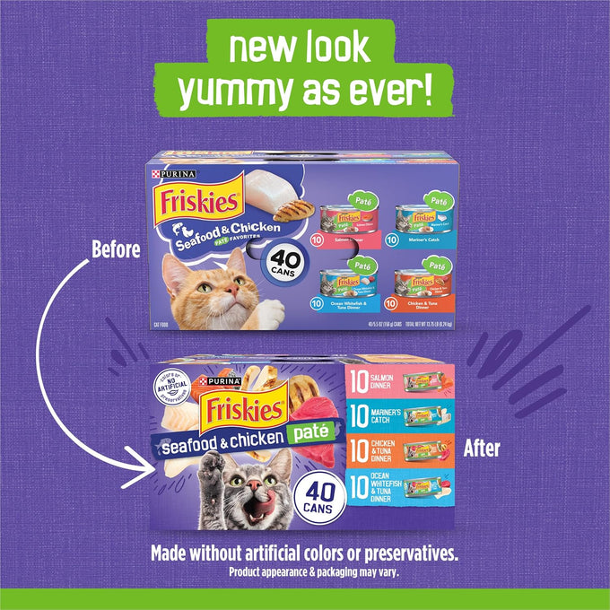 Purina Friskies pate wet cat food, 40ct variety pack, seafood & chicken flavors, 5.5 oz cans, 100% complete nutrition
