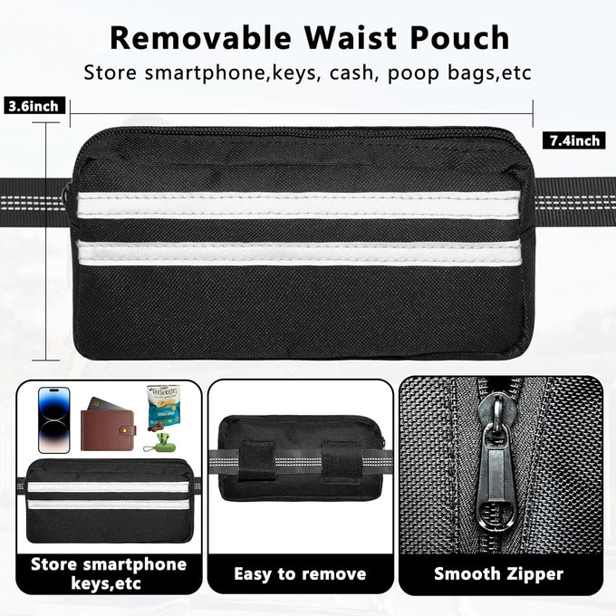 Lievuiken Hands Free Dog Leash with Zipper Pouch for Large Dogs, Adjustable Waist Belt, Black