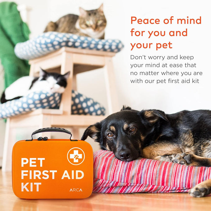 Arca Pet dog & cat first aid kit, vet-endorsed travel essentials with digital thermometer, muzzle, & mini first aid pouch