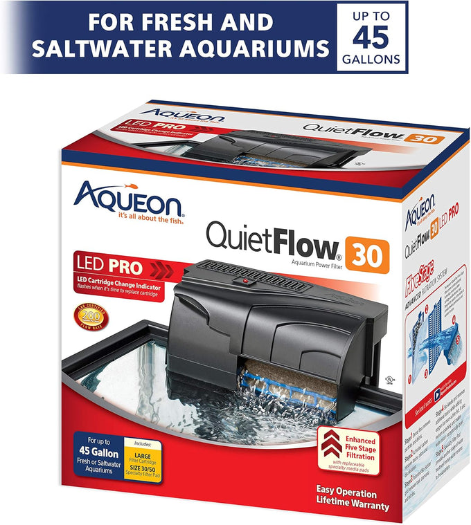 Aqueon QuietFlow 30 LED PRO self-priming filter for up to 45 gallon aquariums certified flow rate
