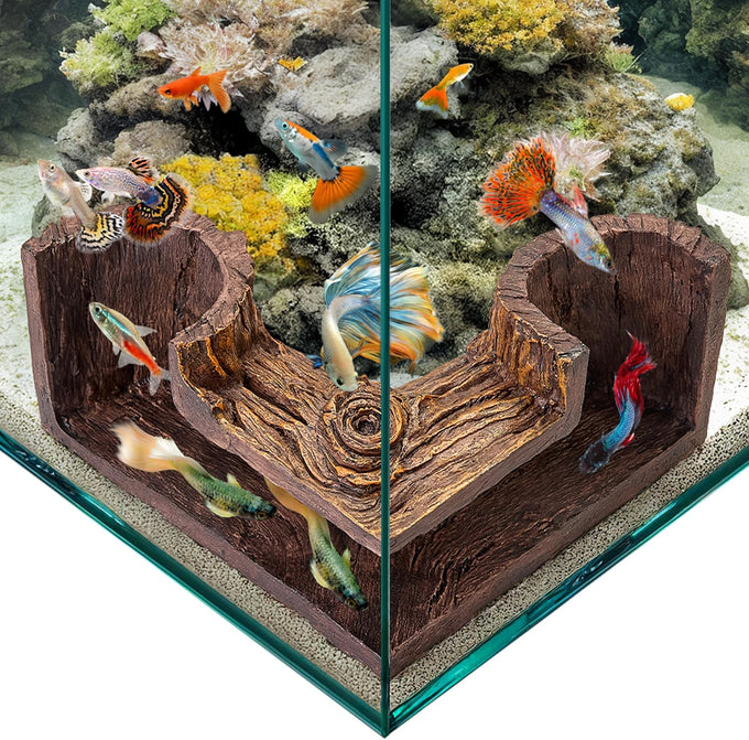 Fishnosh Aquarium Cave | BPA-free wood-like fish tank hideout for corners, 5.1" x 2" x 2.7"