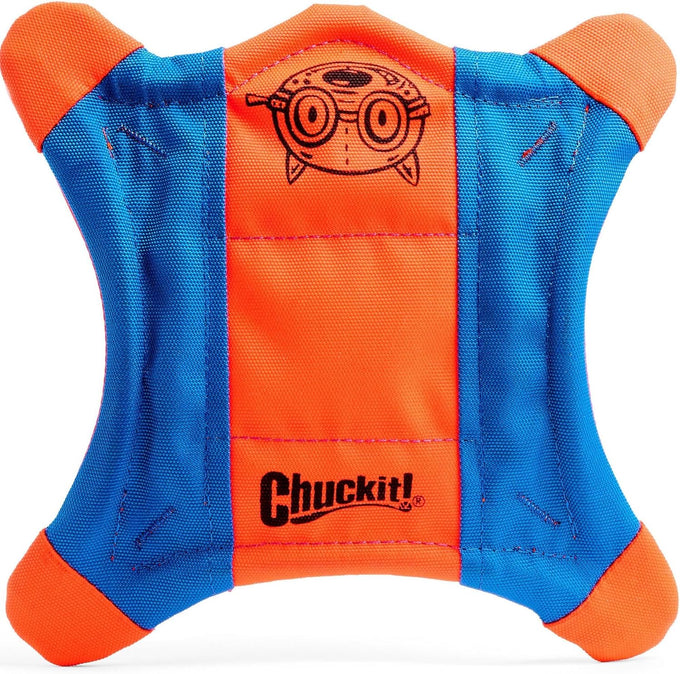 Chuckit! medium flying squirrel fetch dog toy - 9.5-inch diameter - water floating polyester canvas - orange and blue