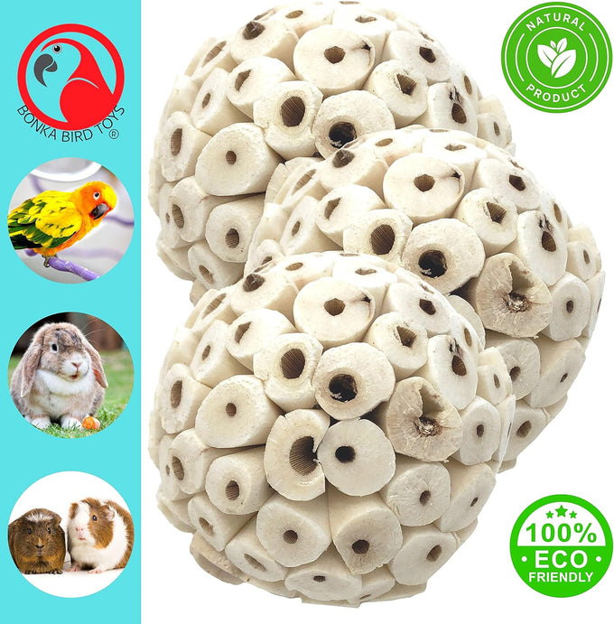 Bonka Bird Toys 1214 Pk3 all-natural sola atta balls 3-pack 2" diameter chew toys for parrots parakeets cockatiels safe and small pets