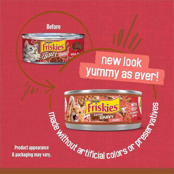 Purina friskies extra gravy 5.5 oz chunky beef cat food, 24 cans, no artificial colors or preservatives