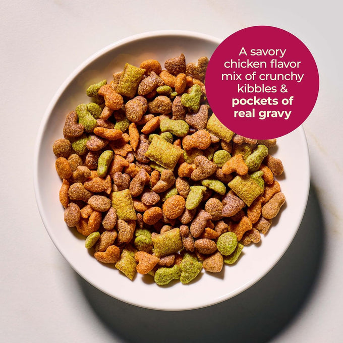Meow Mix savory chicken flavor gravy bursts dry cat food, 3 lb bag, crunchy kibble with real gravy