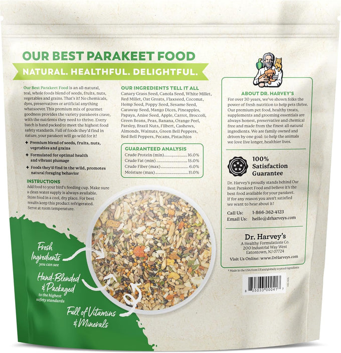 wholesome dr. harvey's parakeet food with 10 seed types, 7 nuts, 15 fruits & vegetables, no chemicals (4 pounds)
