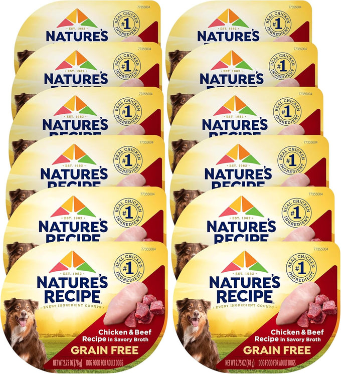 Nature's Recipe grain free, 2.75 oz, 12-count wet dog food with chicken as main ingredient