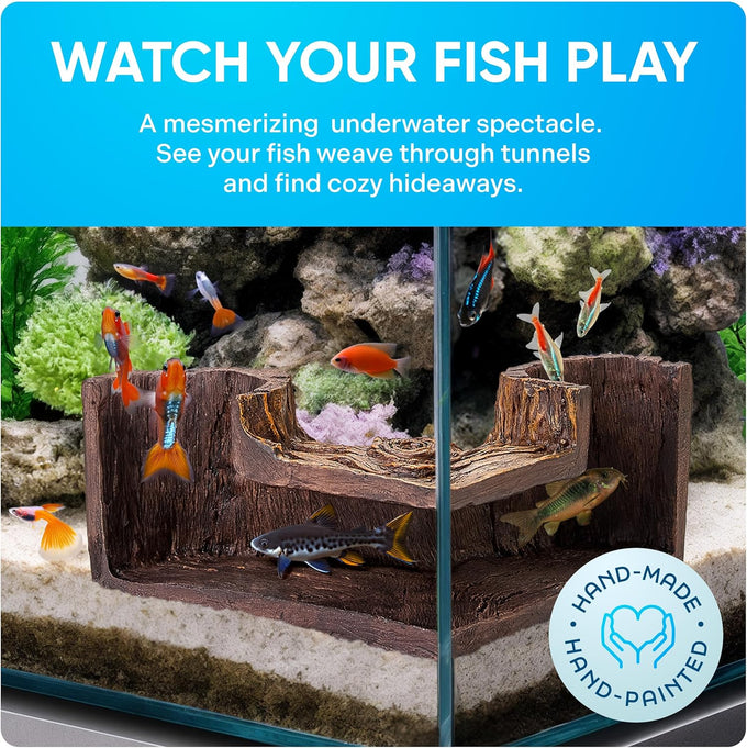 Fishnosh Aquarium Cave | BPA-free wood-like fish tank hideout for corners, 5.1" x 2" x 2.7"