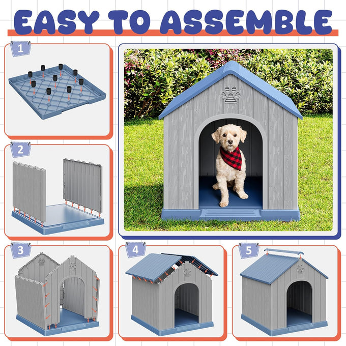 Bifanuo plastic dog house for small to medium dogs, weatherproof design, air vents, elevated floor, easy clean and assemble in blue, 26.18'' L x 24.03'' W x 25.98'' H