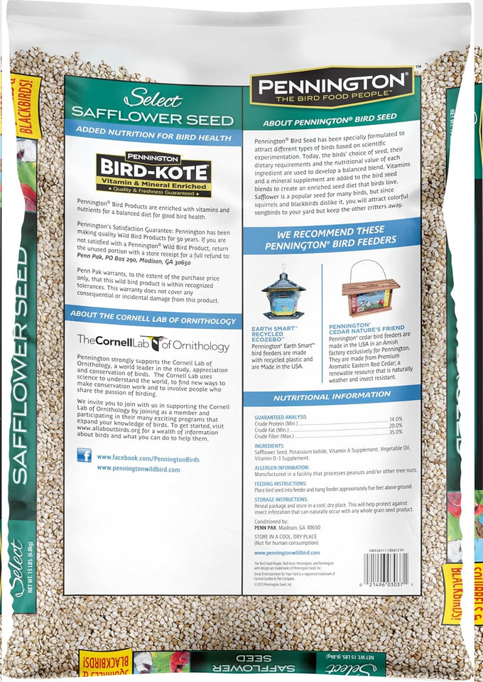 Pennington Select Safflower Seed, 15 lb, year-round bird feeding, squirrel-resistant, seed mix with vitamins